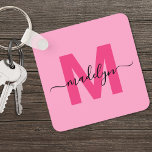Hot Pink Girly Script Name Monogram Keychain<br><div class="desc">Create Your Own Stylish Modern Custom Black and Pink Monogram Square Keychain. This sleek square keychain brings a modern and personalized touch to your everyday essentials. The design features a bold hot pink monogram initial centred on a solid black background, with your name in elegant white script layered across it....</div>
