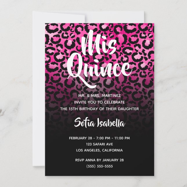 Hot Pink Glam Leopard Spots Black Ombre Mis Quince Invitation (Front)