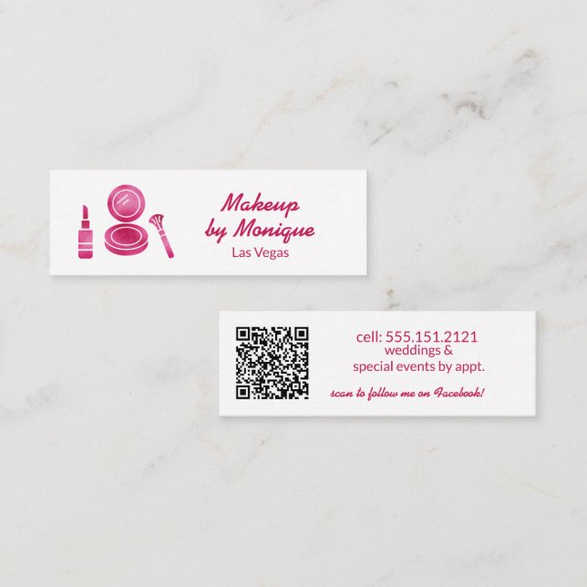 Hot Pink Glam Makeup Artist QR Code Mini Business Card (Front/Back)