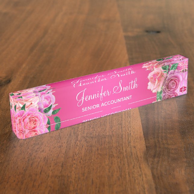Hot Pink Glam Roses Nameplate (Side)