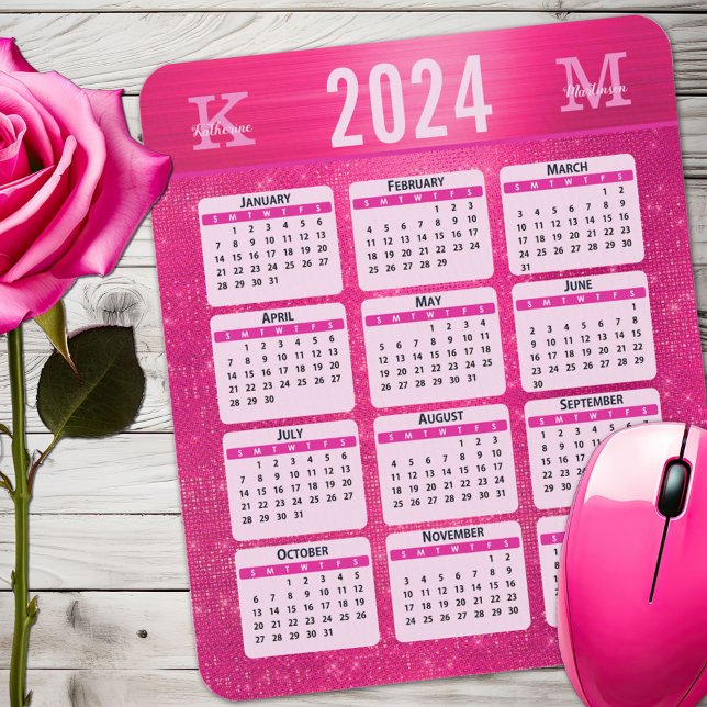 Hot Pink Glam Sparkle Monogram Name 2024 Calendar Mouse Pad (Creator Uploaded)