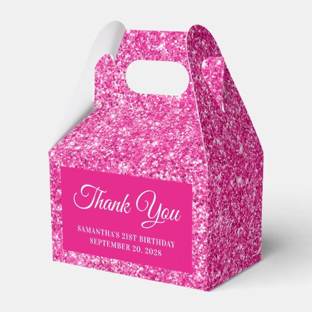 Hot Pink Glitter 21st Birthday Thank You Favor Box (Front Side)