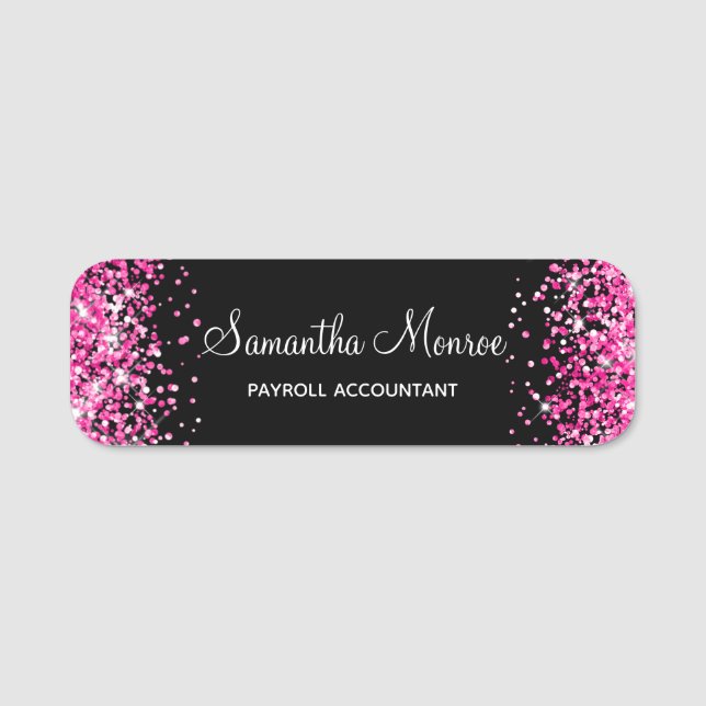 Hot Pink Glitter and Black Name Tag (Front)