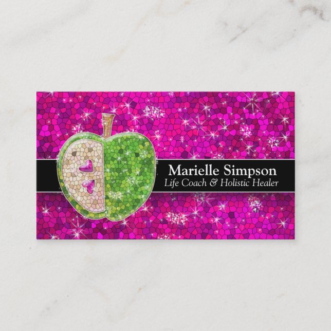 Hot Pink Glitter Apple Holistic Healer Nutrition Business Card (Front)