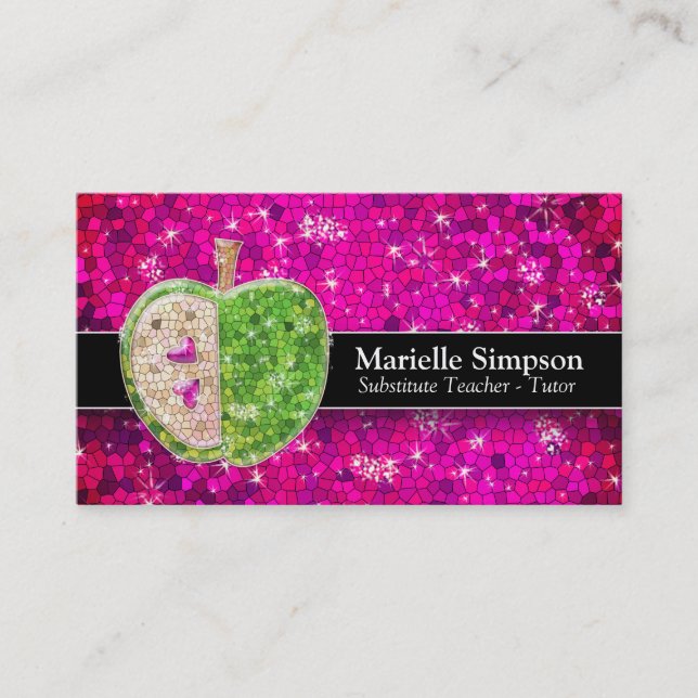 Hot Pink Glitter Apple Substitute Teacher Tutor Business Card (Front)