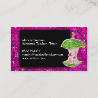 Hot Pink Glitter Apple Substitute Teacher Tutor Business Card