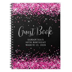 Hot Pink Glitter Black 40th Birthday Guest Notebook