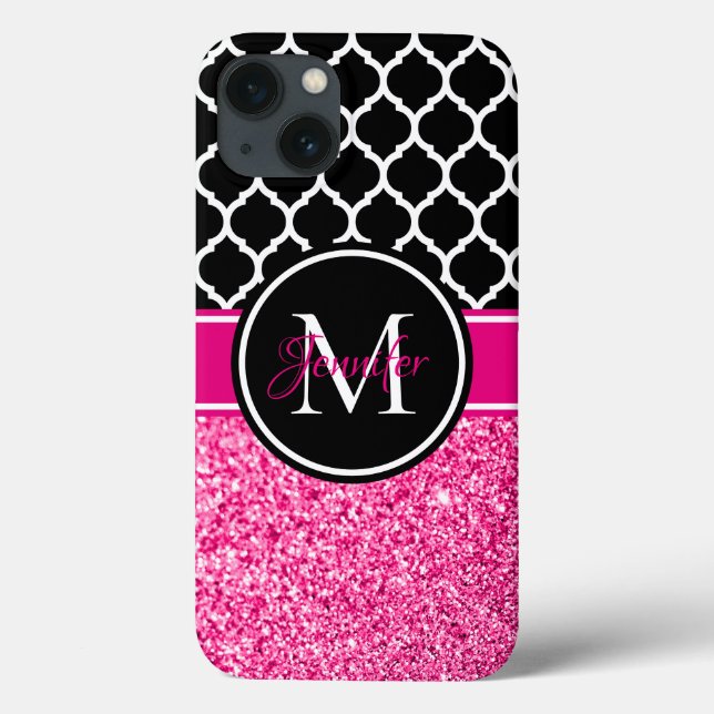 Hot Pink Glitter Black and White Trellis Monogram Case-Mate iPhone Case (Back)