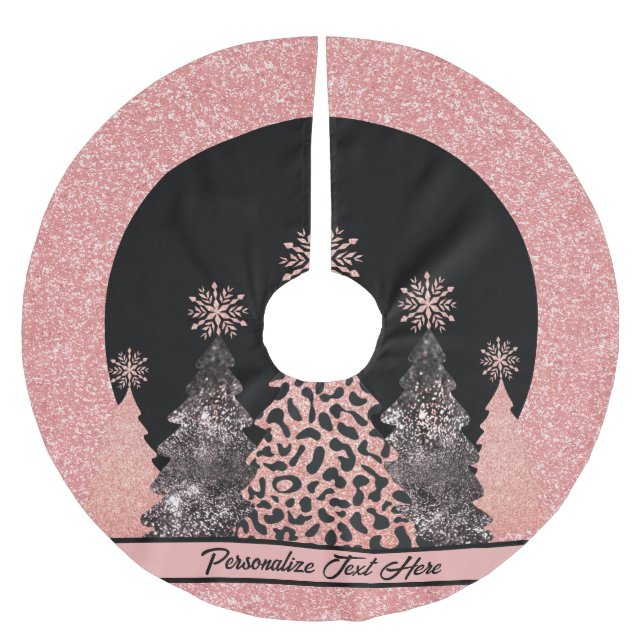 Hot Pink Glitter Black Christmas Trees Trendy Chic Brushed Polyester Tree Skirt (Front)