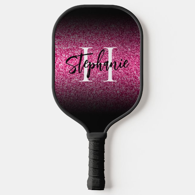 Hot Pink Glitter Black Edge Ombre Monogrammed Pickleball Paddle (Back)