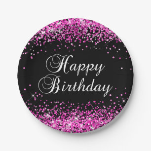 Hot Pink Glitter Black Happy Birthday Paper Plate