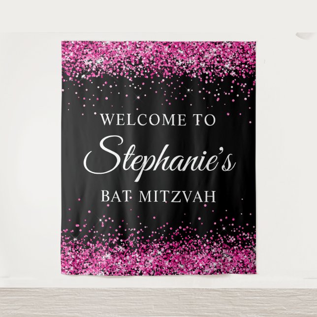 Hot Pink Glitter Black Sweet 16 Birthday Welcome Tapestry (Front)