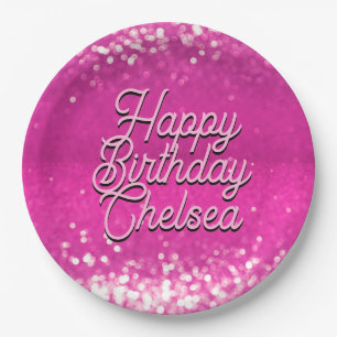 Hot Pink Glitter Bokeh Custom Text Paper Plate