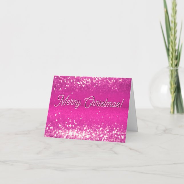 Hot Pink Glitter Bokeh Merry Christmas Custom Text Holiday Card (Front)