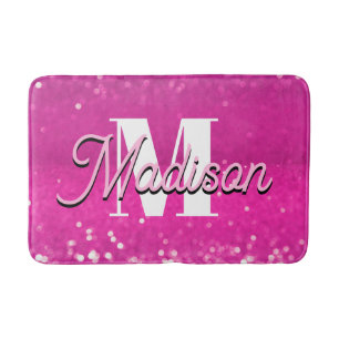 Hot Pink Glitter Bokeh Monogram Bath Mat
