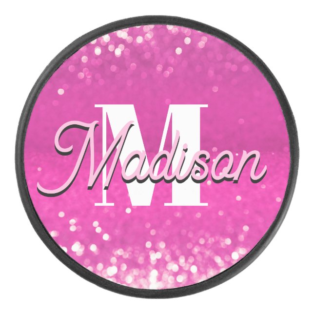 Hot Pink Glitter Bokeh Monogram Hockey Puck (Front)