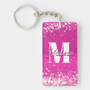 Hot Pink Glitter Bokeh Monogram Keychain