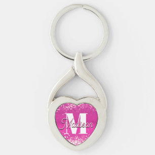 Hot Pink Glitter Bokeh Monogram Keychain