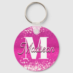 Hot Pink Glitter Bokeh Monogram Keychain