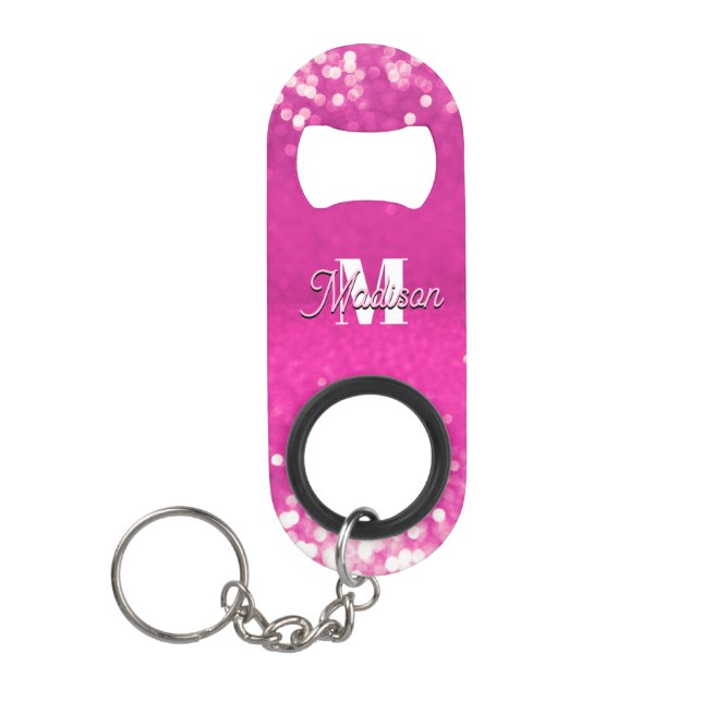 Hot Pink Glitter Bokeh Monogram Keychain Bottle Opener (Front)