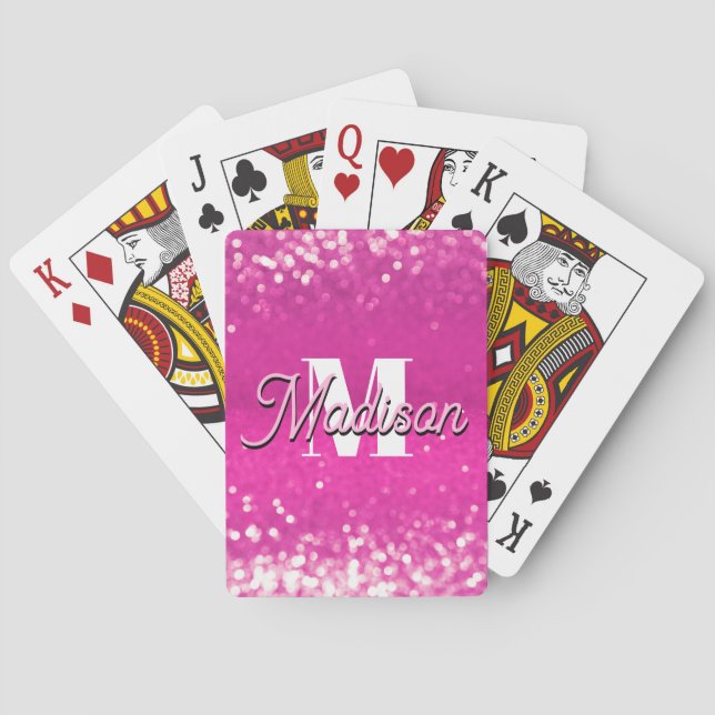 Hot Pink Glitter Bokeh Monogram Playing Cards (Back)