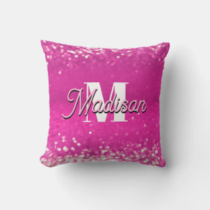 Hot Pink Glitter Bokeh Monogram Throw Pillow