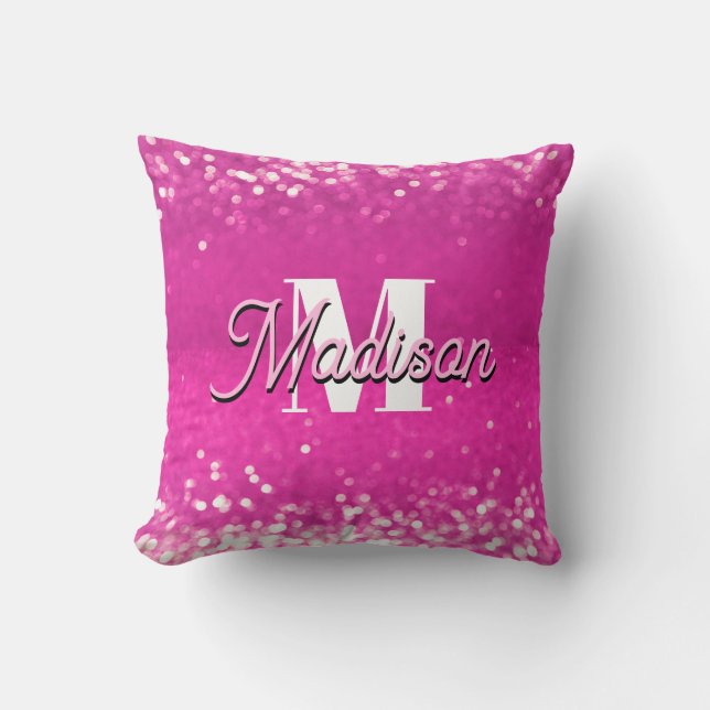 Hot Pink Glitter Bokeh Monogram Throw Pillow (Front)