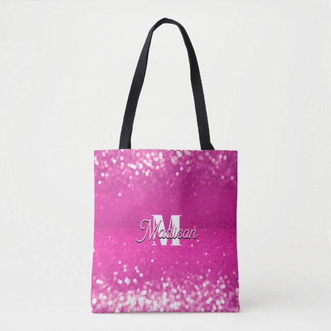 Hot Pink Glitter Bokeh Monogram Tote Bag (Front)