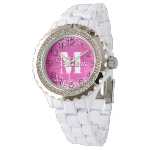Hot Pink Glitter Bokeh Monogram Watch
