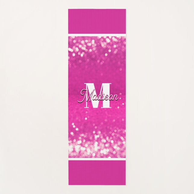 Hot Pink Glitter Bokeh Monogram Yoga Mat (Front)