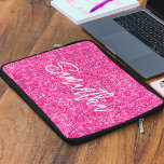 Hot Pink Glitter Brush Script Name Laptop Sleeve<br><div class="desc">Create your own hot pink luxury glitter with name or monogram.
Customize the brush script font calligraphy style and size.
There are other font styles in the system.
Move,  duplicate or delete the faux sparkle graphic.</div>