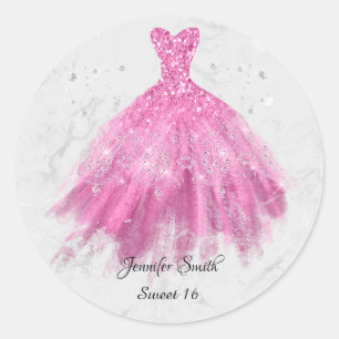 Hot Pink glitter Dress Sweet Sixteen Classic Round Sticker