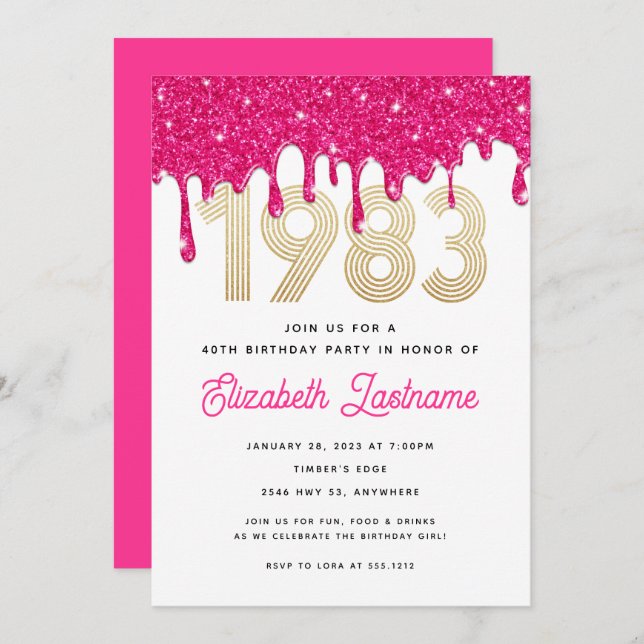 Hot Pink Glitter Drip 40th Birthday Invitation  (Front/Back)