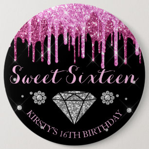 Hot Pink Glitter Drip Diamond Sweet Sixteen 6 Inch Round Button