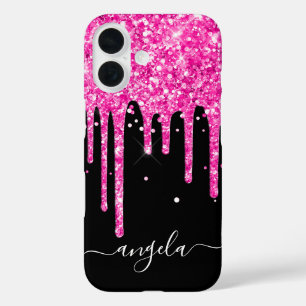Hot Pink Glitter Drips Black Glam Signature iPhone 16 Case