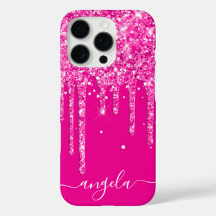 Hot Pink Glitter Drips Glam Signature iPhone 16 Pro Case