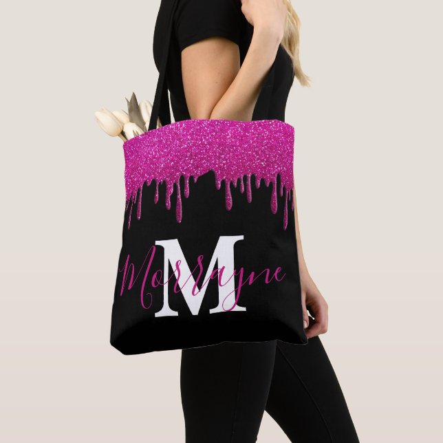 Hot Pink Glitter Drips Sparkles Metallic Monogram Tote Bag (Close Up)