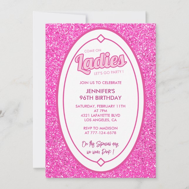 Hot Pink Glitter Girl Doll 96th birthday Invitation (Front)