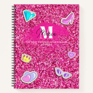 Hot Pink Glitter Girly Monogram Name Sketchbook Notebook