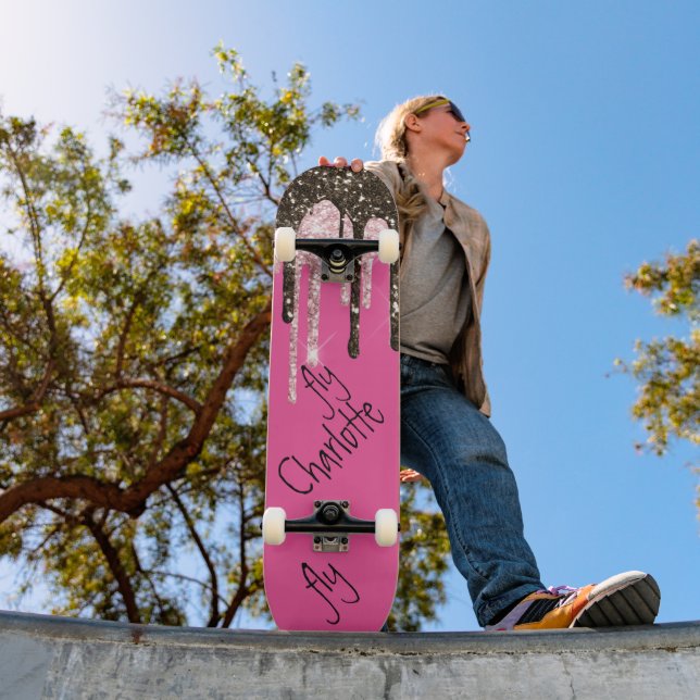 Hot Pink Glitter Girly Sparkle Personalized Name S Skateboard (Outdoor 1)