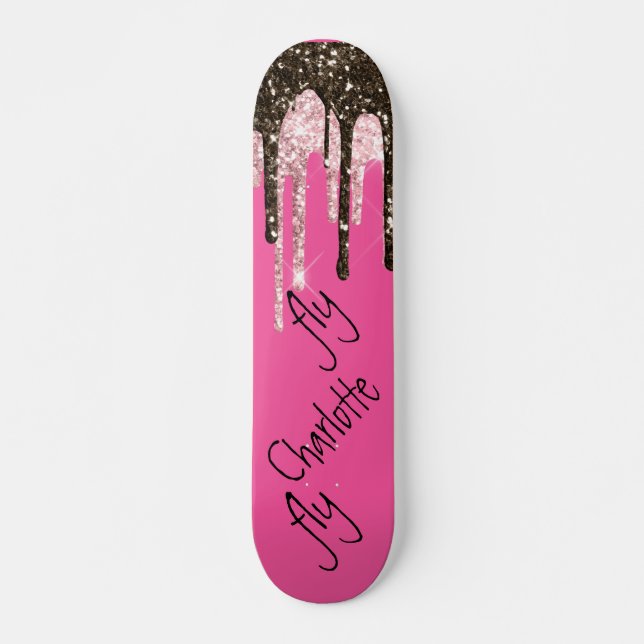 Hot Pink Glitter Girly Sparkle Personalized Name Skateboard (Front)