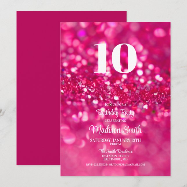 Hot Pink Glitter Glam 10th Birthday Invitation (Front/Back)