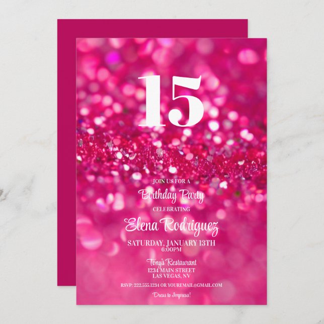 Hot Pink Glitter Glam 15th Birthday Invitation (Front/Back)