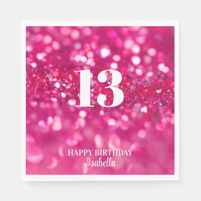 Hot Pink Glitter Glam Personalized 13th Birthday Napkin (Front)