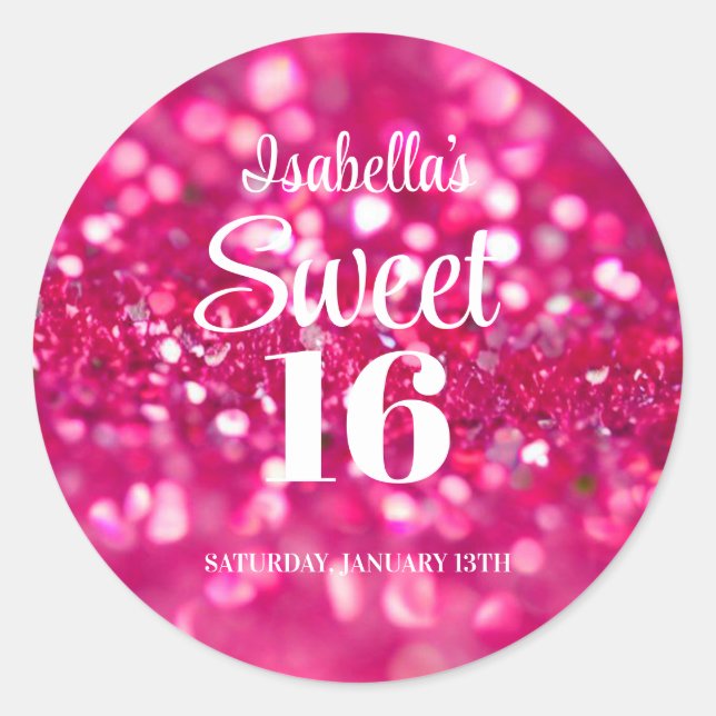 Hot Pink Glitter Glam Sweet 16 Birthday Classic Round Sticker (Front)