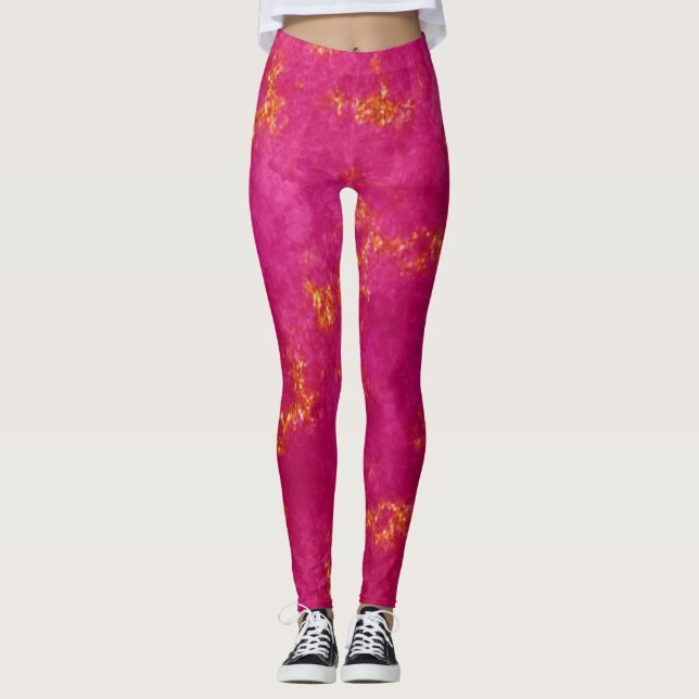 Hot Pink Glitter Gold Girly Sparkle Chic Summer Leggings (Front)