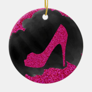 Hot Pink Glitter High Heels Black Ink Ceramic Ornament