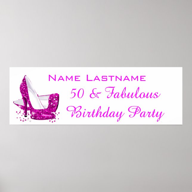 Hot Pink Glitter High Heels White Birthday Banner Poster (Front)