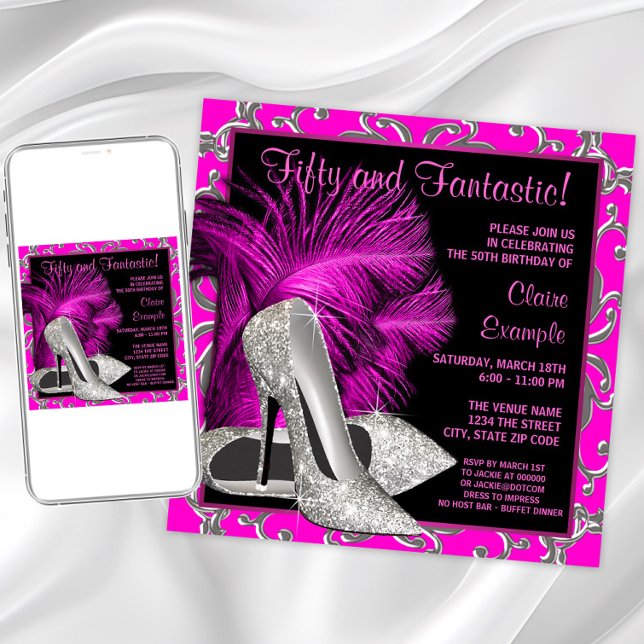 Hot Pink Glitter High Heels Womans 50th Birthday Invitation (Pretty silver high heel shoes and feathers and silver swirls. Simple change text for your event.)
