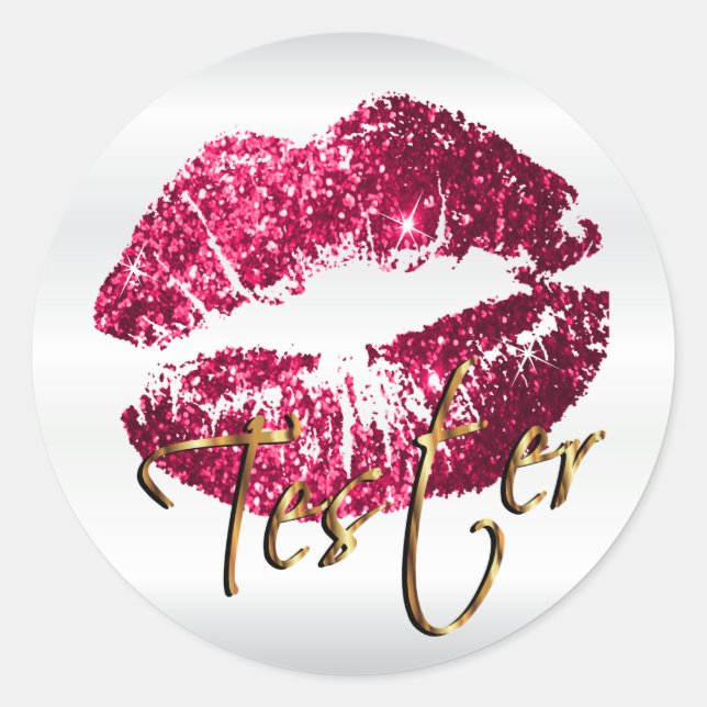 Hot Pink Glitter Lips 3 - Tester - Satin Classic Round Sticker (Front)